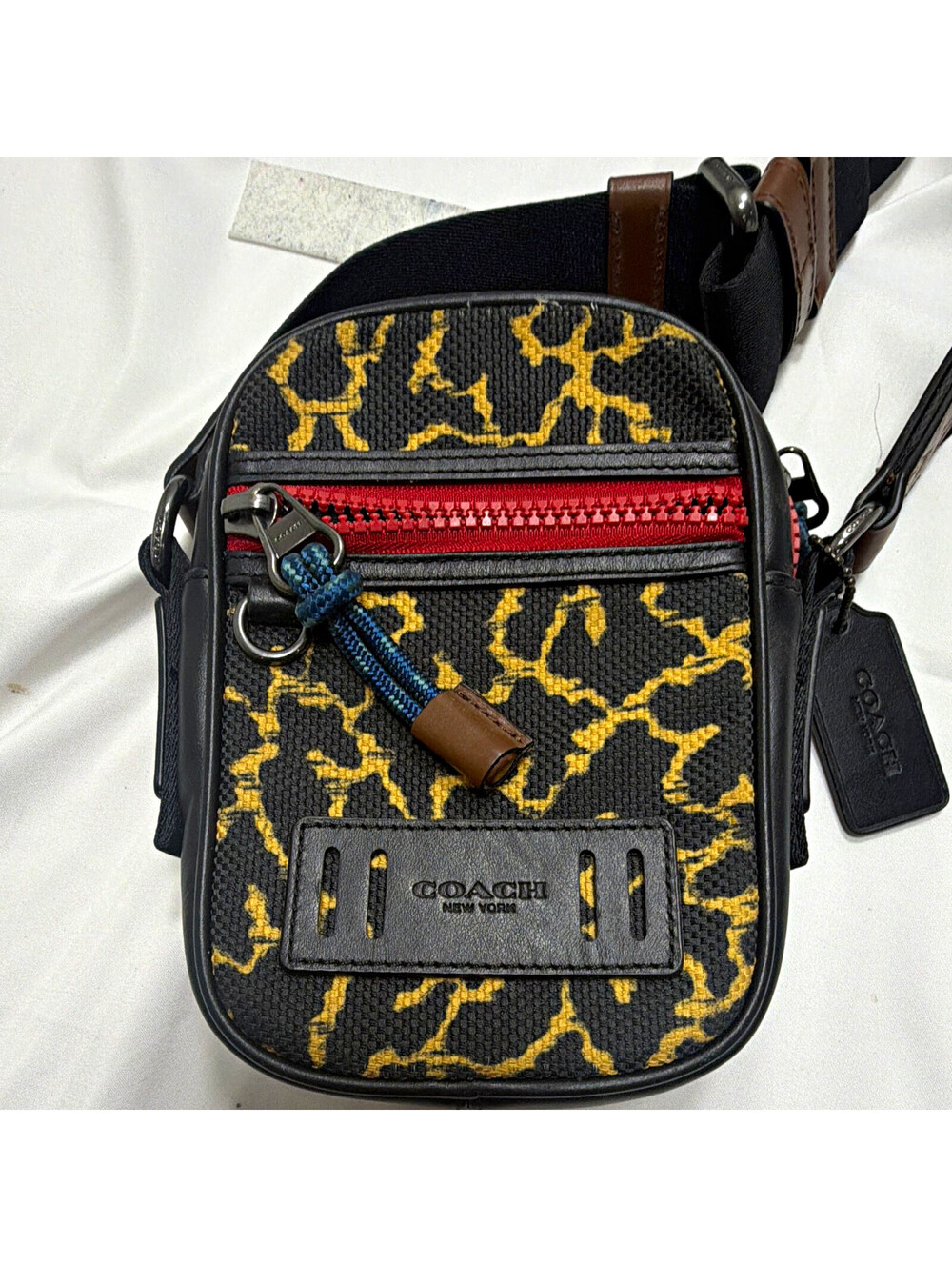 Coach Black/Yellow Animal Print Zip Crossbody Bag Red Zipper Strap